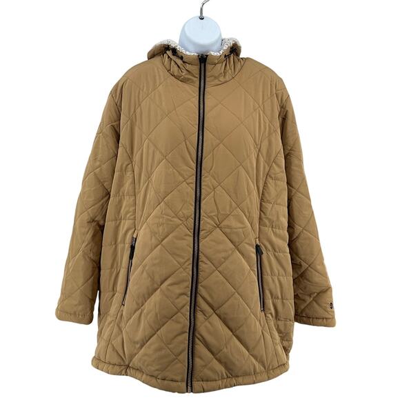 Free Country Jacket Womens 2X Tan Quilted Sherpa Fleece Lined Hooded Drawstring - Picture 2 of 7